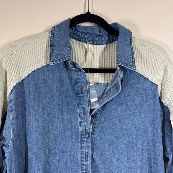 Free People Jean Tunic Dress Blue Beige Button Front Mixed Fabric Size XS - Picture 6 of 16